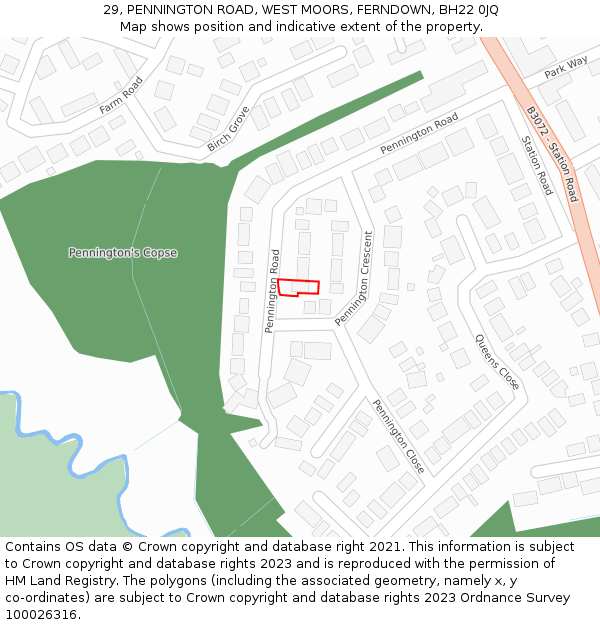 29, PENNINGTON ROAD, WEST MOORS, FERNDOWN, BH22 0JQ: Location map and indicative extent of plot