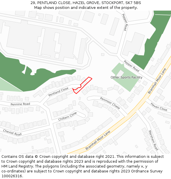 29, PENTLAND CLOSE, HAZEL GROVE, STOCKPORT, SK7 5BS: Location map and indicative extent of plot