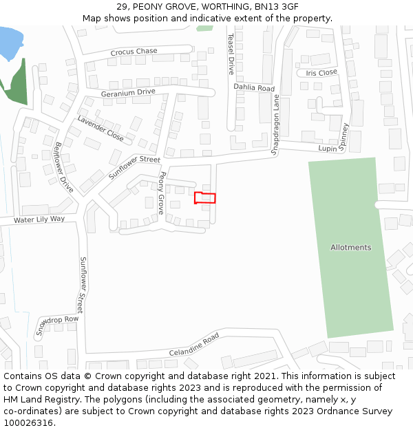 29, PEONY GROVE, WORTHING, BN13 3GF: Location map and indicative extent of plot
