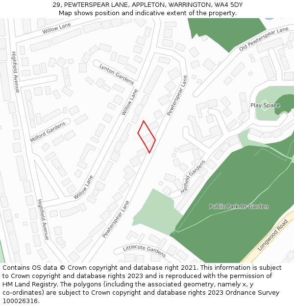 29, PEWTERSPEAR LANE, APPLETON, WARRINGTON, WA4 5DY: Location map and indicative extent of plot