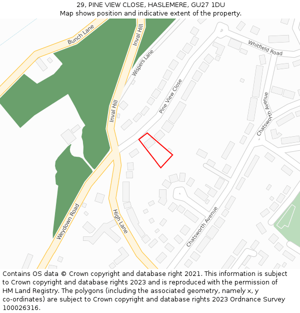 29, PINE VIEW CLOSE, HASLEMERE, GU27 1DU: Location map and indicative extent of plot