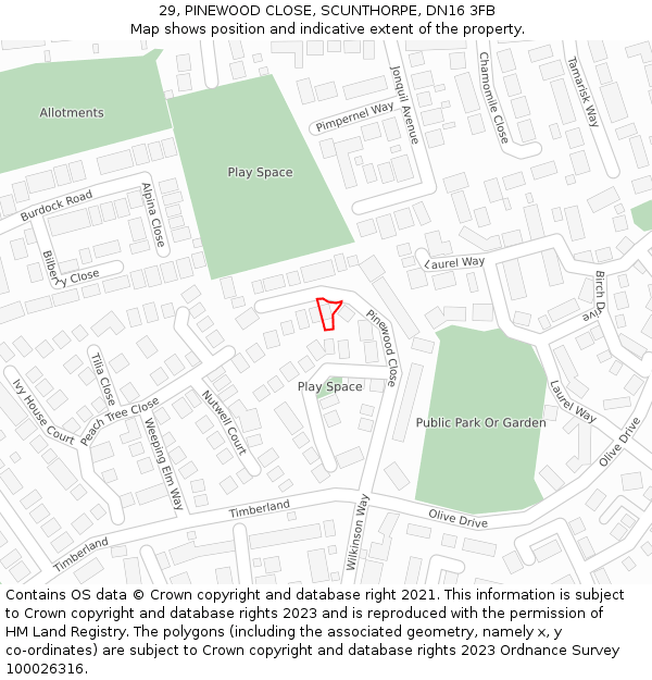 29, PINEWOOD CLOSE, SCUNTHORPE, DN16 3FB: Location map and indicative extent of plot