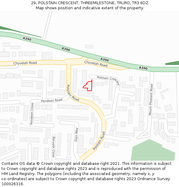 29, POLSTAIN CRESCENT, THREEMILESTONE, TRURO, TR3 6DZ: Location map and indicative extent of plot