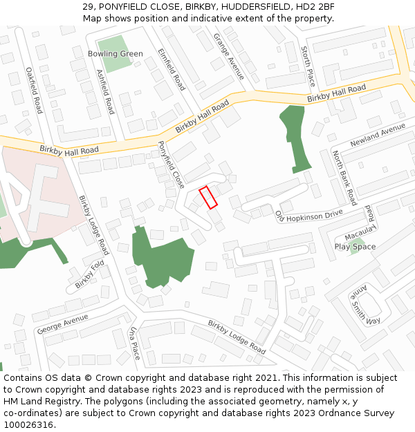 29, PONYFIELD CLOSE, BIRKBY, HUDDERSFIELD, HD2 2BF: Location map and indicative extent of plot