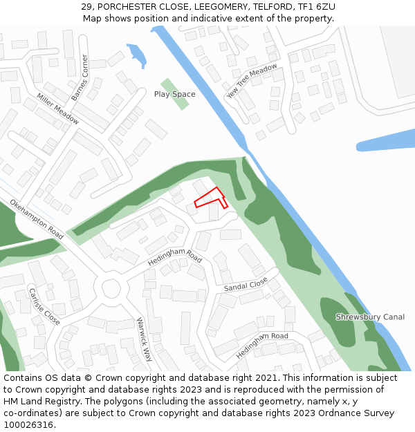 29, PORCHESTER CLOSE, LEEGOMERY, TELFORD, TF1 6ZU: Location map and indicative extent of plot