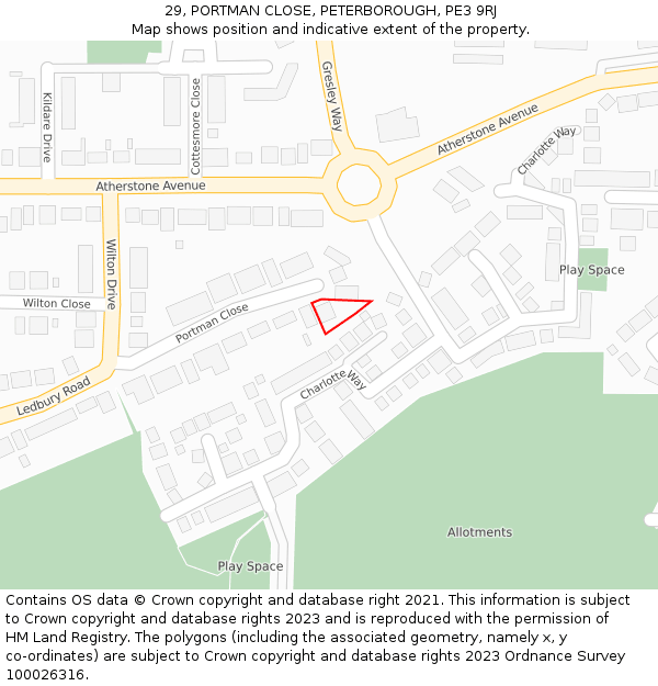 29, PORTMAN CLOSE, PETERBOROUGH, PE3 9RJ: Location map and indicative extent of plot