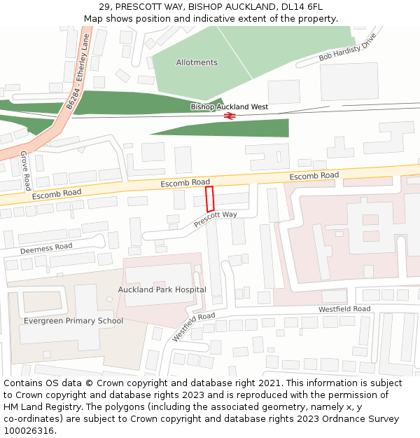 29, PRESCOTT WAY, BISHOP AUCKLAND, DL14 6FL: Location map and indicative extent of plot