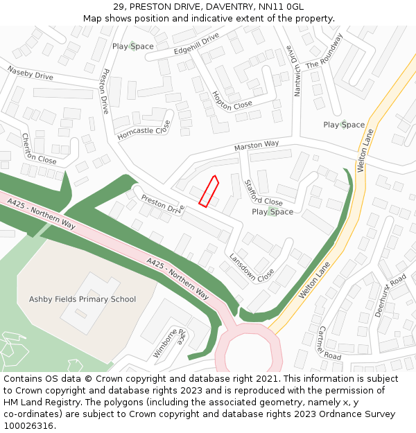29, PRESTON DRIVE, DAVENTRY, NN11 0GL: Location map and indicative extent of plot