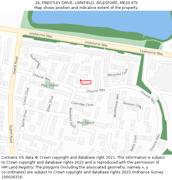 29, PRIESTLEY DRIVE, LARKFIELD, AYLESFORD, ME20 6TX: Location map and indicative extent of plot