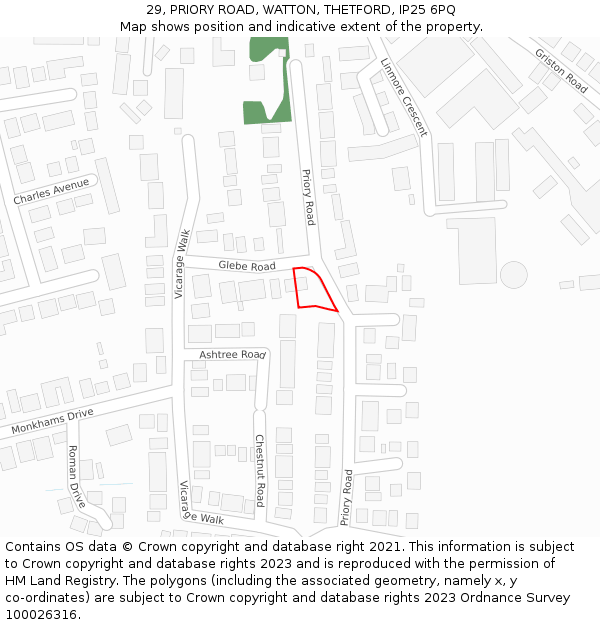 29, PRIORY ROAD, WATTON, THETFORD, IP25 6PQ: Location map and indicative extent of plot