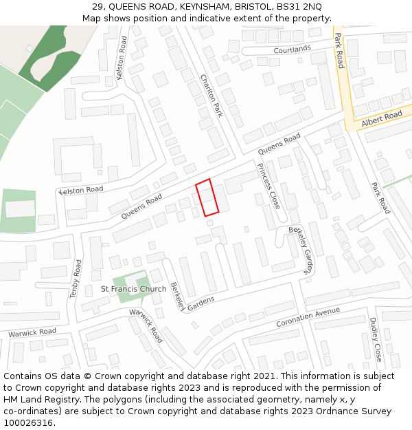 29, QUEENS ROAD, KEYNSHAM, BRISTOL, BS31 2NQ: Location map and indicative extent of plot