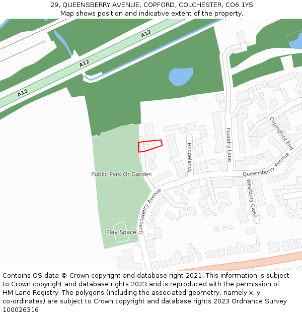 29, QUEENSBERRY AVENUE, COPFORD, COLCHESTER, CO6 1YS: Location map and indicative extent of plot