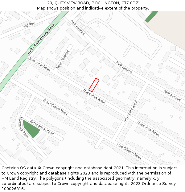 29, QUEX VIEW ROAD, BIRCHINGTON, CT7 0DZ: Location map and indicative extent of plot