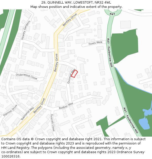 29, QUINNELL WAY, LOWESTOFT, NR32 4WL: Location map and indicative extent of plot