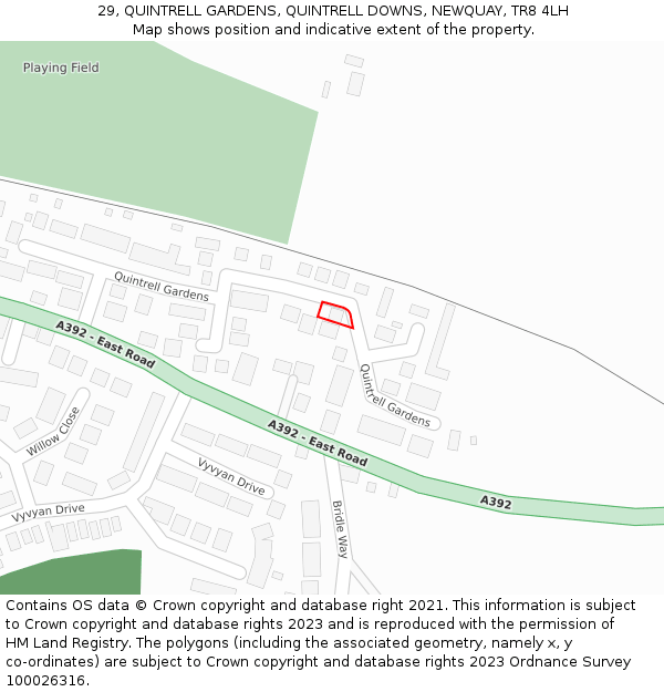 29, QUINTRELL GARDENS, QUINTRELL DOWNS, NEWQUAY, TR8 4LH: Location map and indicative extent of plot