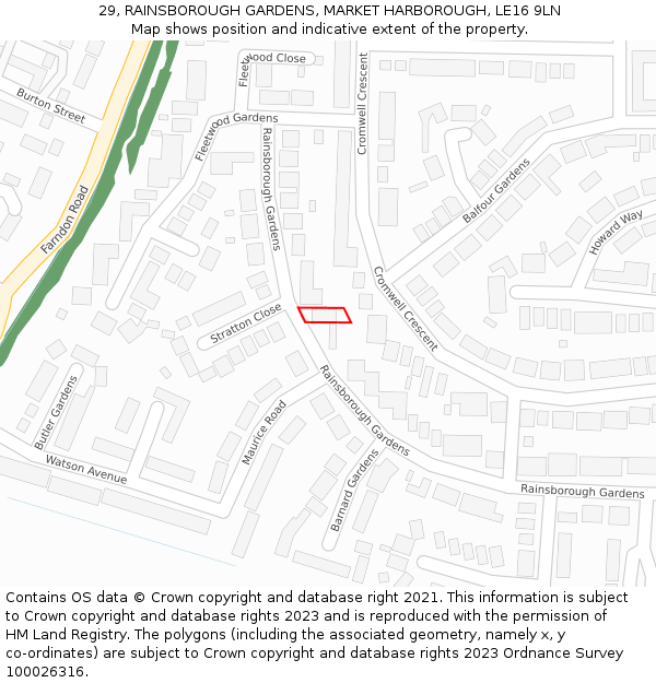 29, RAINSBOROUGH GARDENS, MARKET HARBOROUGH, LE16 9LN: Location map and indicative extent of plot