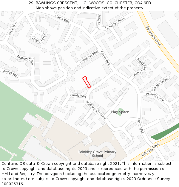 29, RAWLINGS CRESCENT, HIGHWOODS, COLCHESTER, CO4 9FB: Location map and indicative extent of plot