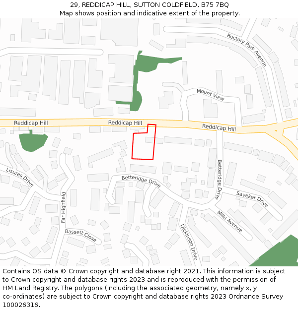 29, REDDICAP HILL, SUTTON COLDFIELD, B75 7BQ: Location map and indicative extent of plot
