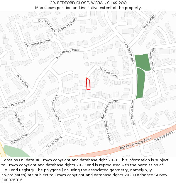 29, REDFORD CLOSE, WIRRAL, CH49 2QQ: Location map and indicative extent of plot