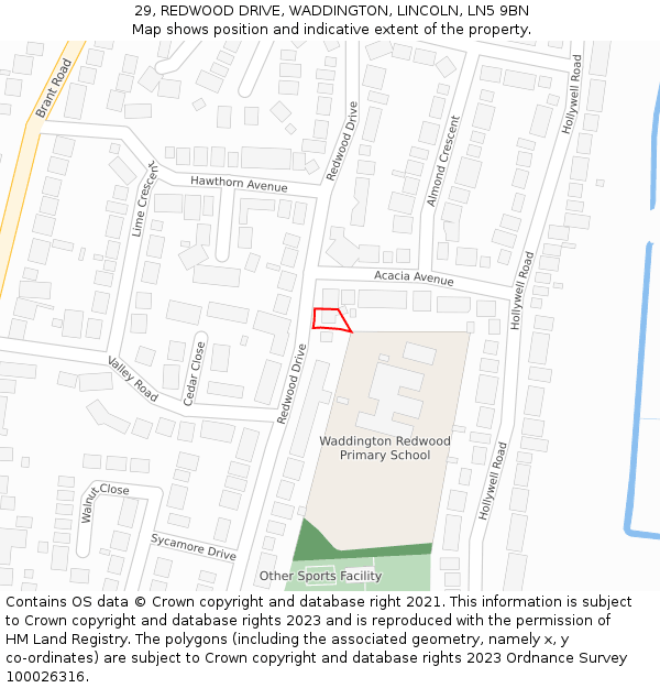 29, REDWOOD DRIVE, WADDINGTON, LINCOLN, LN5 9BN: Location map and indicative extent of plot