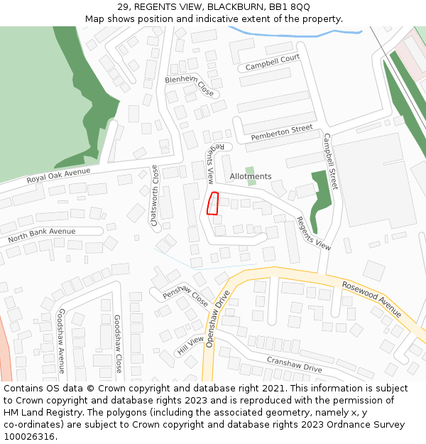 29, REGENTS VIEW, BLACKBURN, BB1 8QQ: Location map and indicative extent of plot