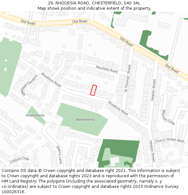 29, RHODESIA ROAD, CHESTERFIELD, S40 3AL: Location map and indicative extent of plot