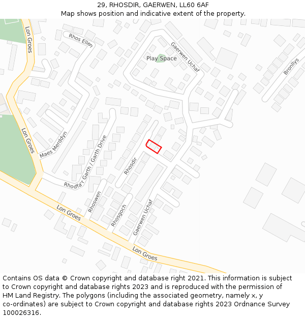 29, RHOSDIR, GAERWEN, LL60 6AF: Location map and indicative extent of plot