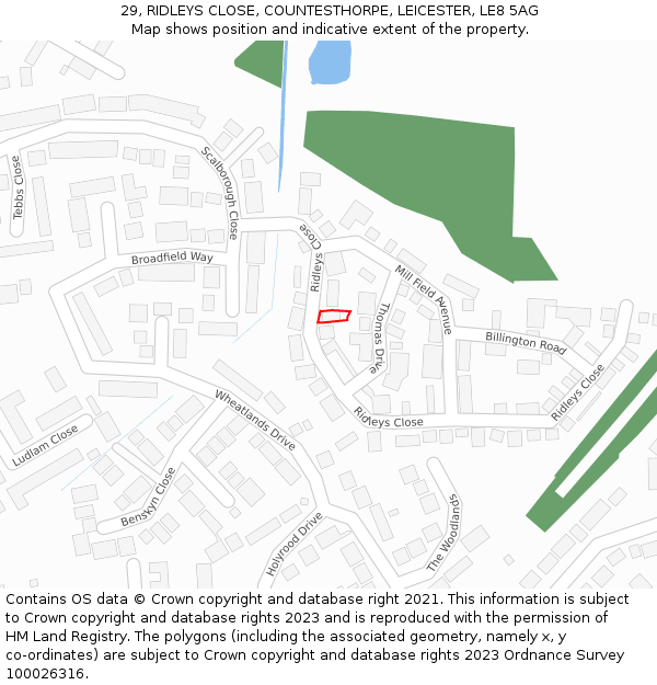 29, RIDLEYS CLOSE, COUNTESTHORPE, LEICESTER, LE8 5AG: Location map and indicative extent of plot