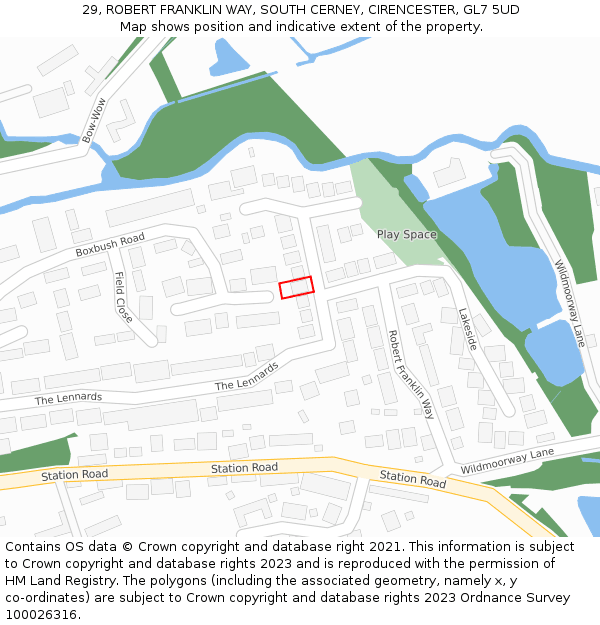 29, ROBERT FRANKLIN WAY, SOUTH CERNEY, CIRENCESTER, GL7 5UD: Location map and indicative extent of plot