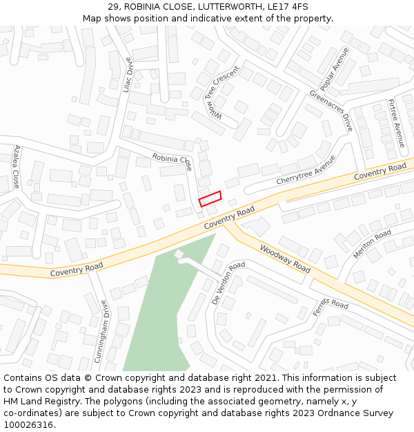 29, ROBINIA CLOSE, LUTTERWORTH, LE17 4FS: Location map and indicative extent of plot