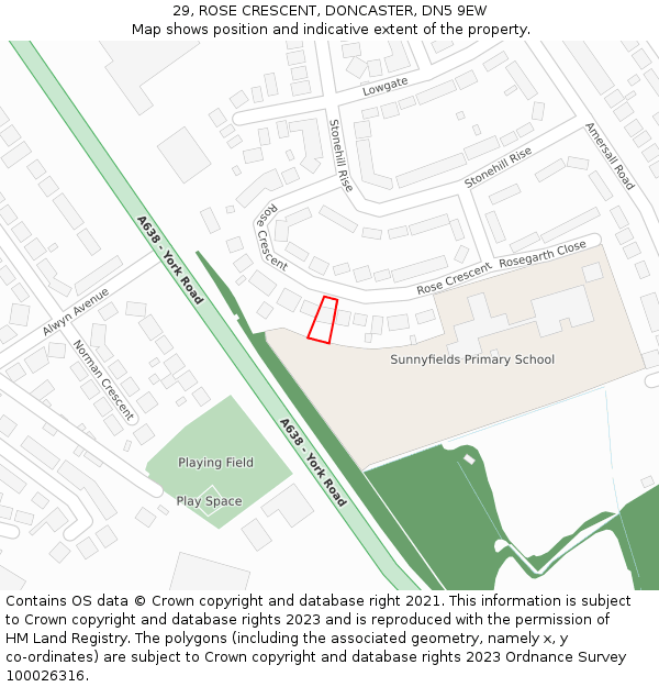 29, ROSE CRESCENT, DONCASTER, DN5 9EW: Location map and indicative extent of plot