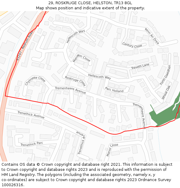 29, ROSKRUGE CLOSE, HELSTON, TR13 8GL: Location map and indicative extent of plot