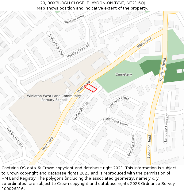 29, ROXBURGH CLOSE, BLAYDON-ON-TYNE, NE21 6QJ: Location map and indicative extent of plot