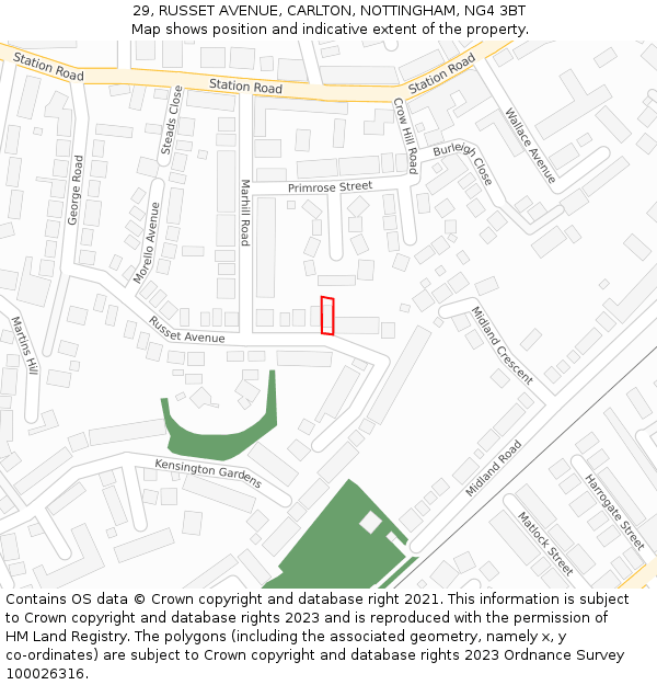 29, RUSSET AVENUE, CARLTON, NOTTINGHAM, NG4 3BT: Location map and indicative extent of plot