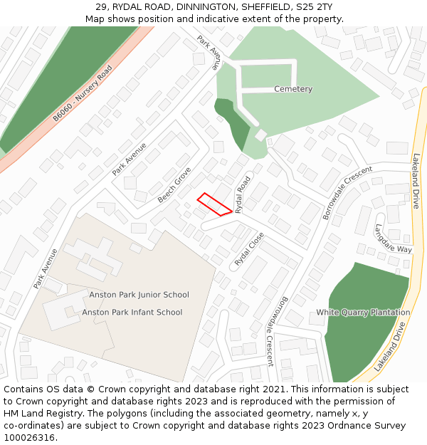 29, RYDAL ROAD, DINNINGTON, SHEFFIELD, S25 2TY: Location map and indicative extent of plot