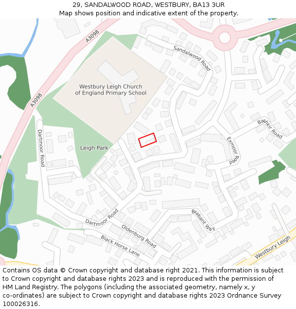 29, SANDALWOOD ROAD, WESTBURY, BA13 3UR: Location map and indicative extent of plot