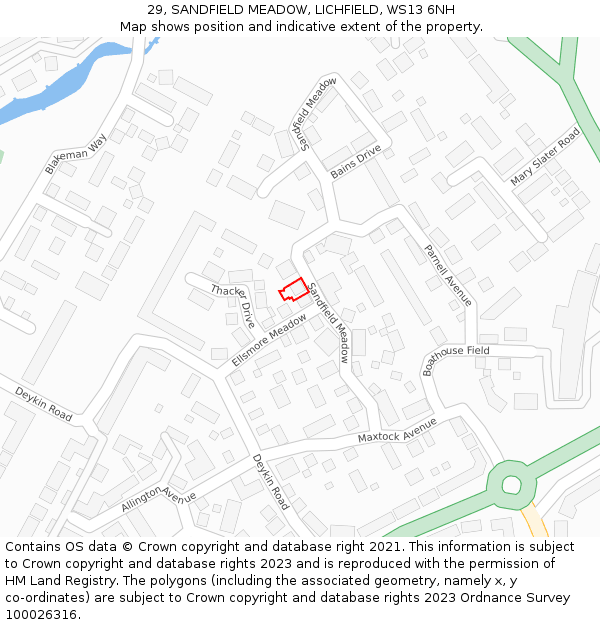 29, SANDFIELD MEADOW, LICHFIELD, WS13 6NH: Location map and indicative extent of plot