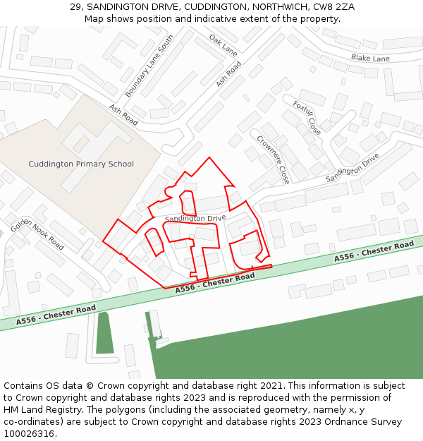 29, SANDINGTON DRIVE, CUDDINGTON, NORTHWICH, CW8 2ZA: Location map and indicative extent of plot