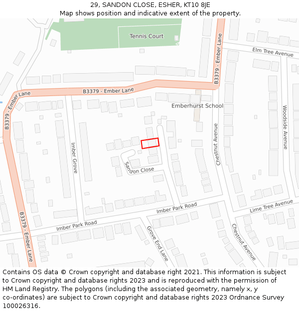 29, SANDON CLOSE, ESHER, KT10 8JE: Location map and indicative extent of plot