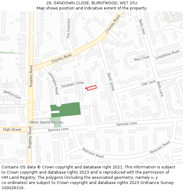 29, SANDOWN CLOSE, BURNTWOOD, WS7 2YU: Location map and indicative extent of plot