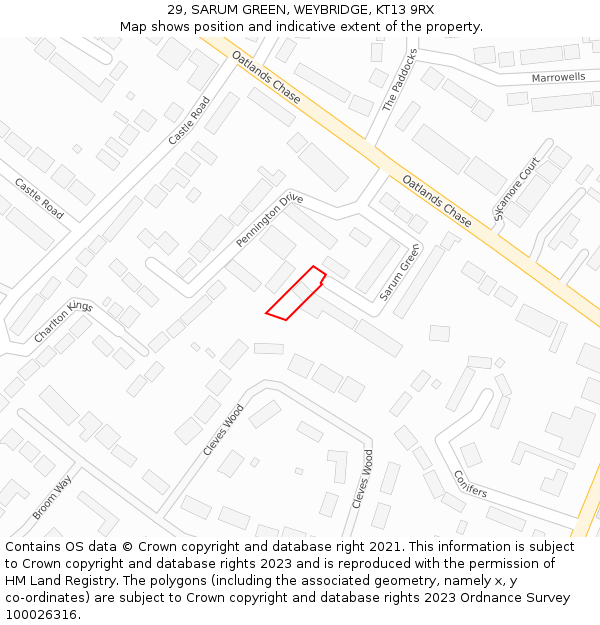 29, SARUM GREEN, WEYBRIDGE, KT13 9RX: Location map and indicative extent of plot