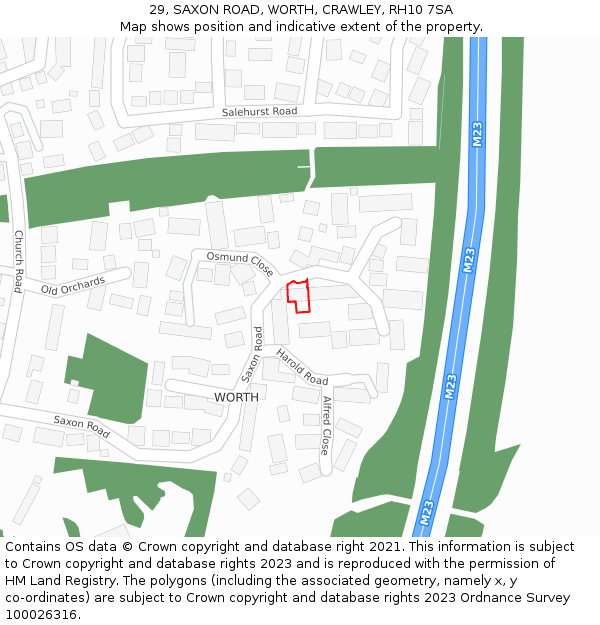 29, SAXON ROAD, WORTH, CRAWLEY, RH10 7SA: Location map and indicative extent of plot