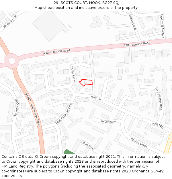 29, SCOTS COURT, HOOK, RG27 9QJ: Location map and indicative extent of plot