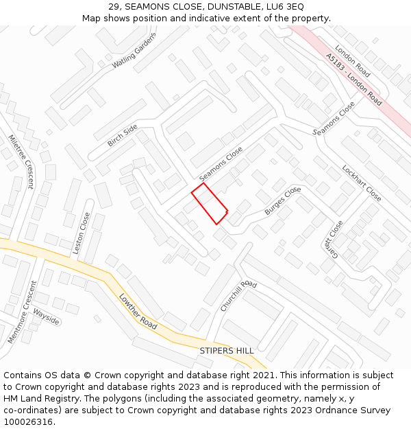 29, SEAMONS CLOSE, DUNSTABLE, LU6 3EQ: Location map and indicative extent of plot