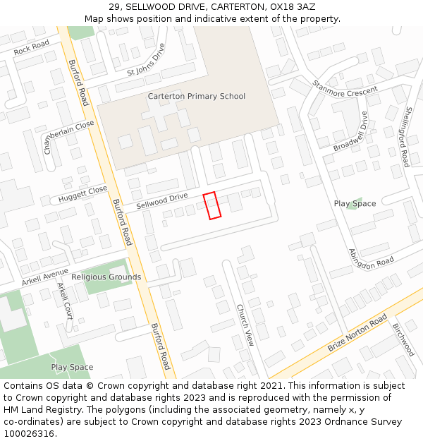 29, SELLWOOD DRIVE, CARTERTON, OX18 3AZ: Location map and indicative extent of plot