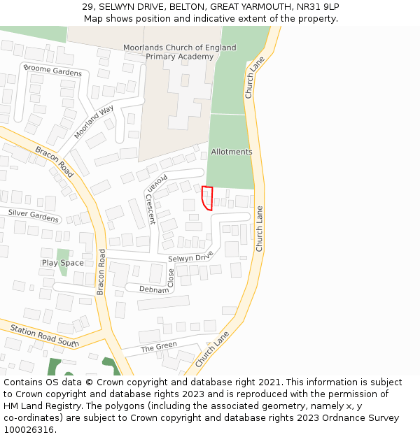 29, SELWYN DRIVE, BELTON, GREAT YARMOUTH, NR31 9LP: Location map and indicative extent of plot