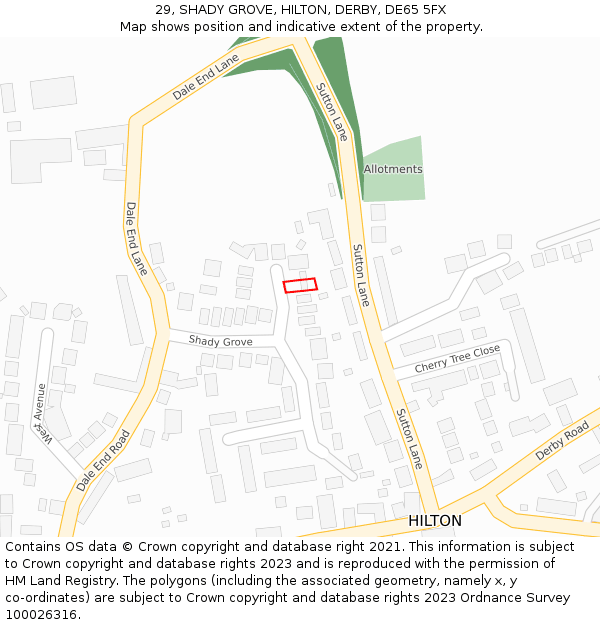 29, SHADY GROVE, HILTON, DERBY, DE65 5FX: Location map and indicative extent of plot