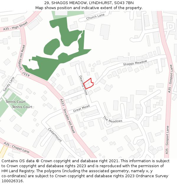 29, SHAGGS MEADOW, LYNDHURST, SO43 7BN: Location map and indicative extent of plot