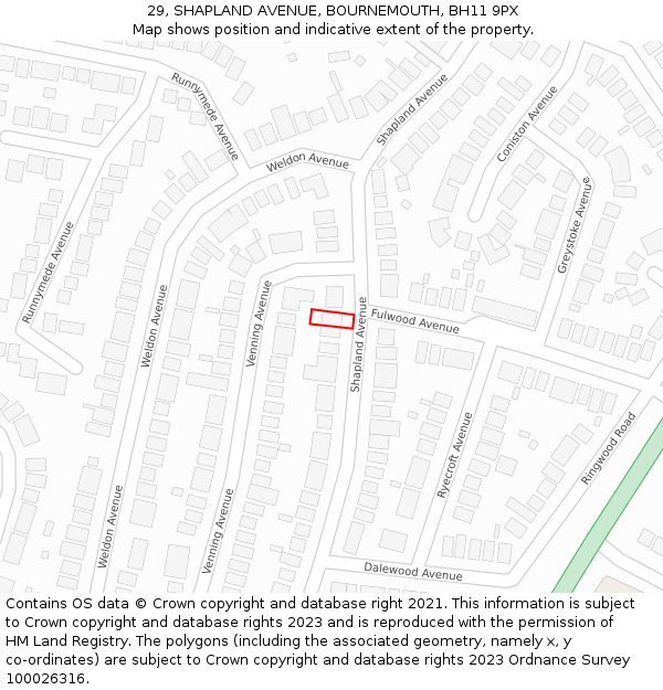 29, SHAPLAND AVENUE, BOURNEMOUTH, BH11 9PX: Location map and indicative extent of plot