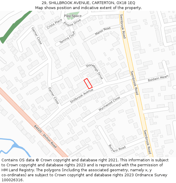 29, SHILLBROOK AVENUE, CARTERTON, OX18 1EQ: Location map and indicative extent of plot